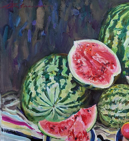 Vibrant hand-painted watermelon oil painting by Leonid Pavlenko