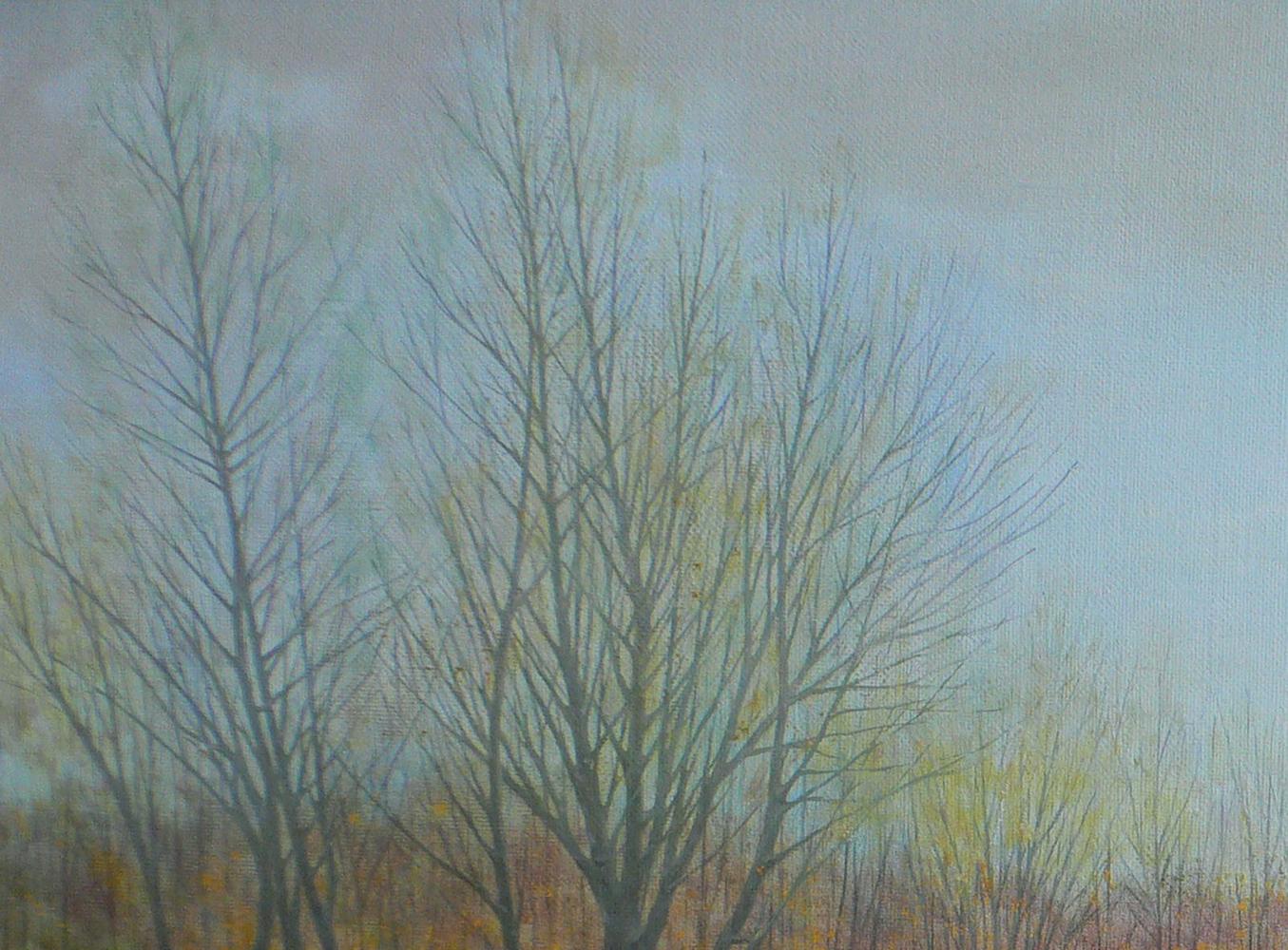 Oil painting Autumn motive by Vasily Korkishko: bare trees, hazy sky