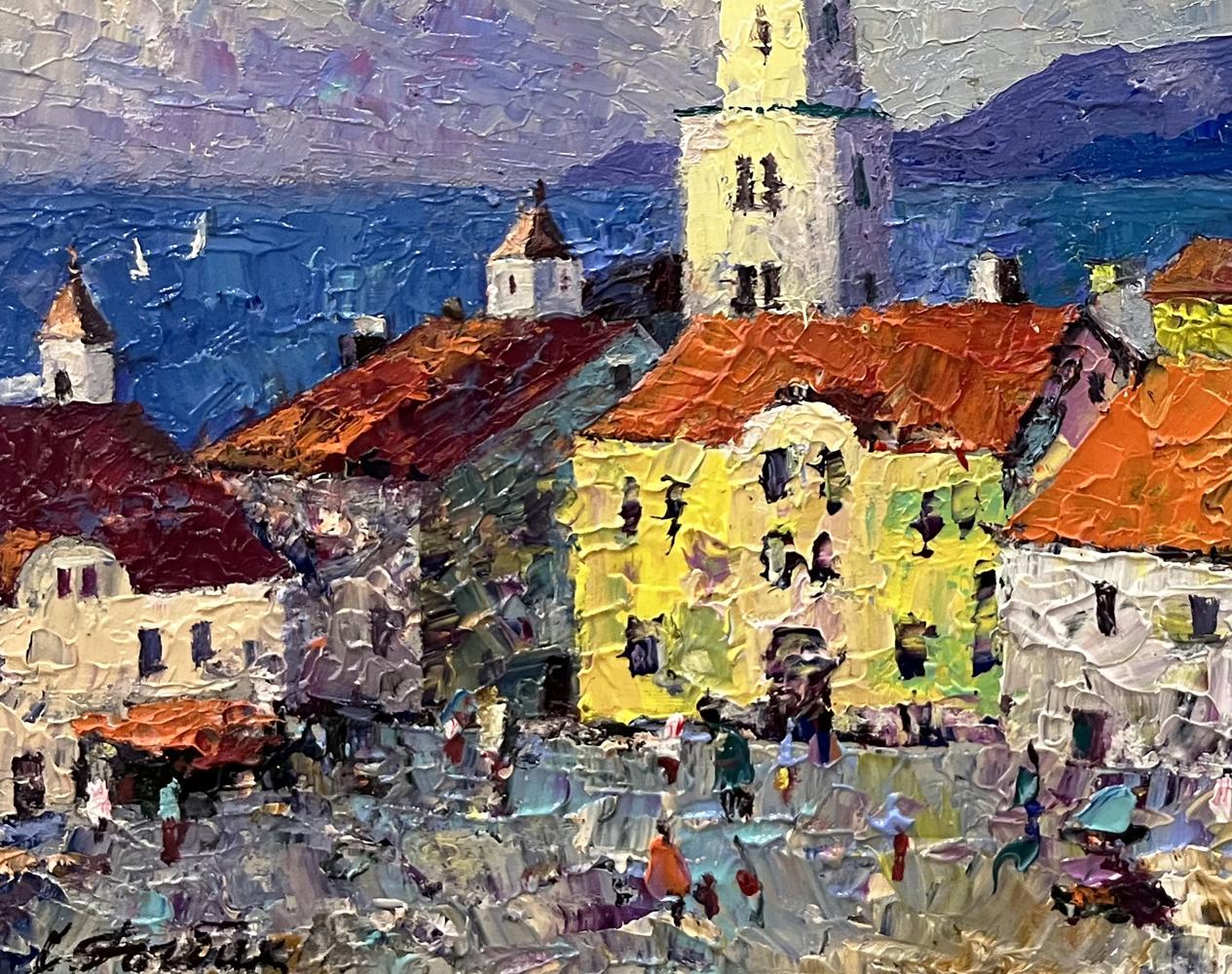 Vibrant impressionist oil painting by Serhiy Rybak of coastal town main street