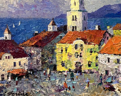 Vibrant impressionist oil painting by Serhiy Rybak of coastal town main street