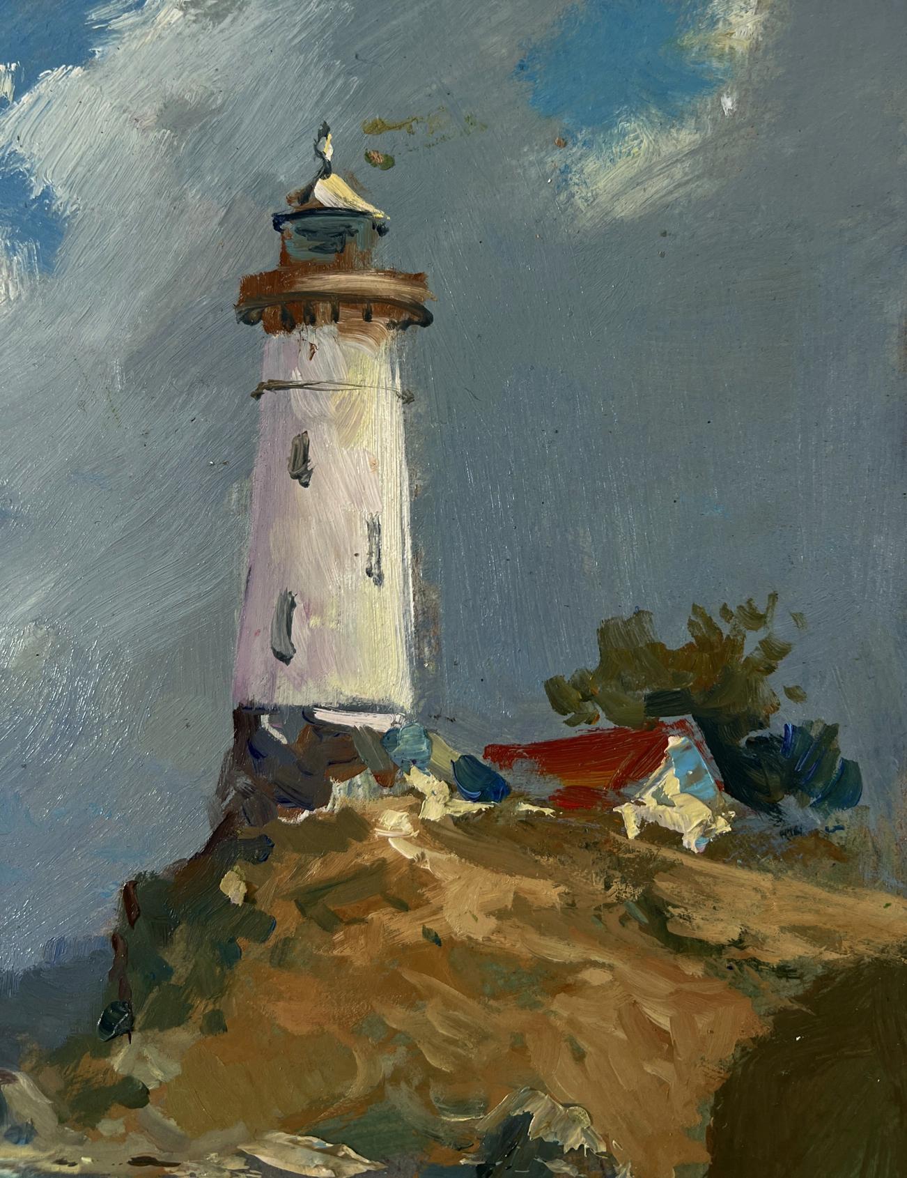Oil painting of white lighthouse with red roof on rocky cliff by Yuriy Suprunchuk