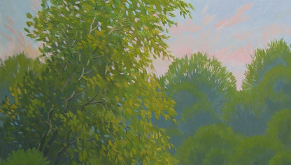 Oil painting by the summer river by Valery Savenets lush tree yellow leaves pink blue sky