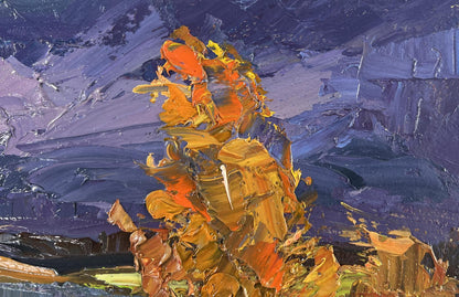 Vibrant oil painting of autumn river landscape by Boris Serdyuk