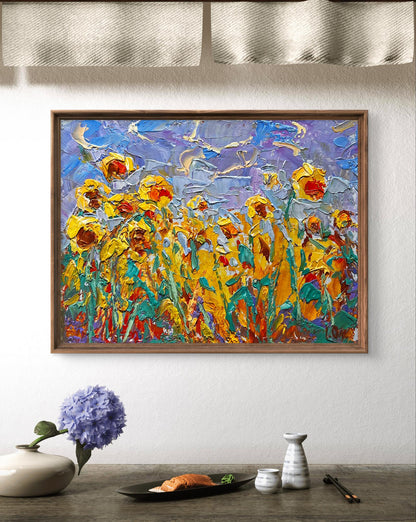 Vibrant impressionist sunflower oil painting To the sky by Oleksiy Ivanyuk in rustic frame