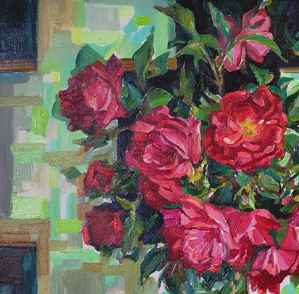 Vibrant red roses oil painting by Leonid Pavlenko with lush green leaves