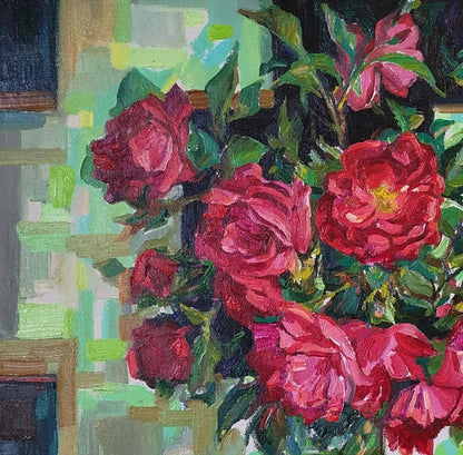 Vibrant red roses oil painting by Leonid Pavlenko with lush green leaves