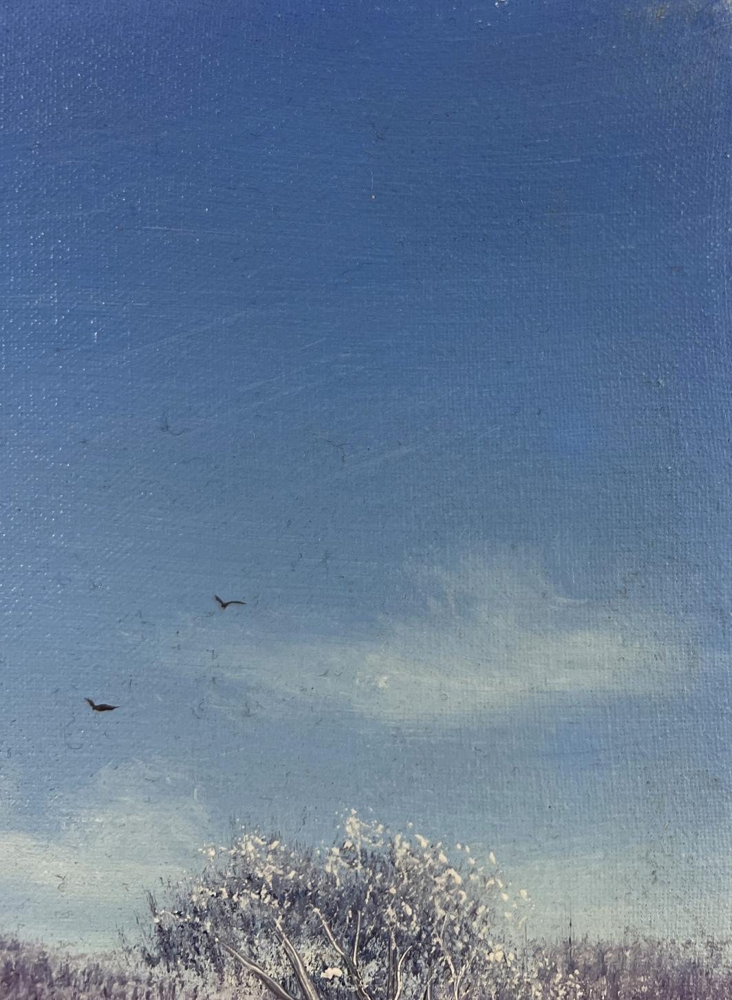 Serene oil painting by Andrei Bagno: winter dawn landscape with blue sky, birds, trees