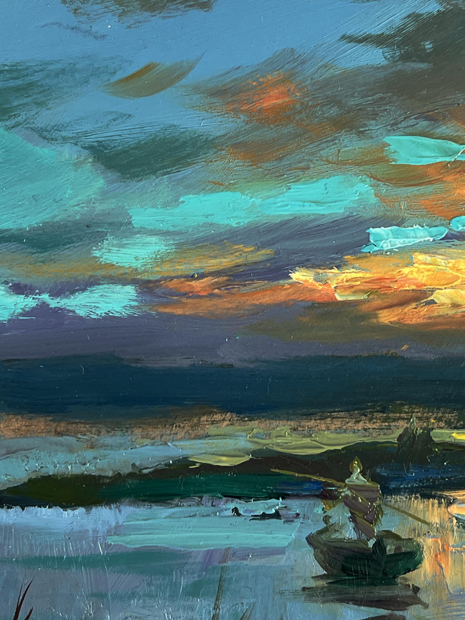 Oil painting Sunset Fishing by Yuriy Suprunchuk: lone boat under dramatic sky