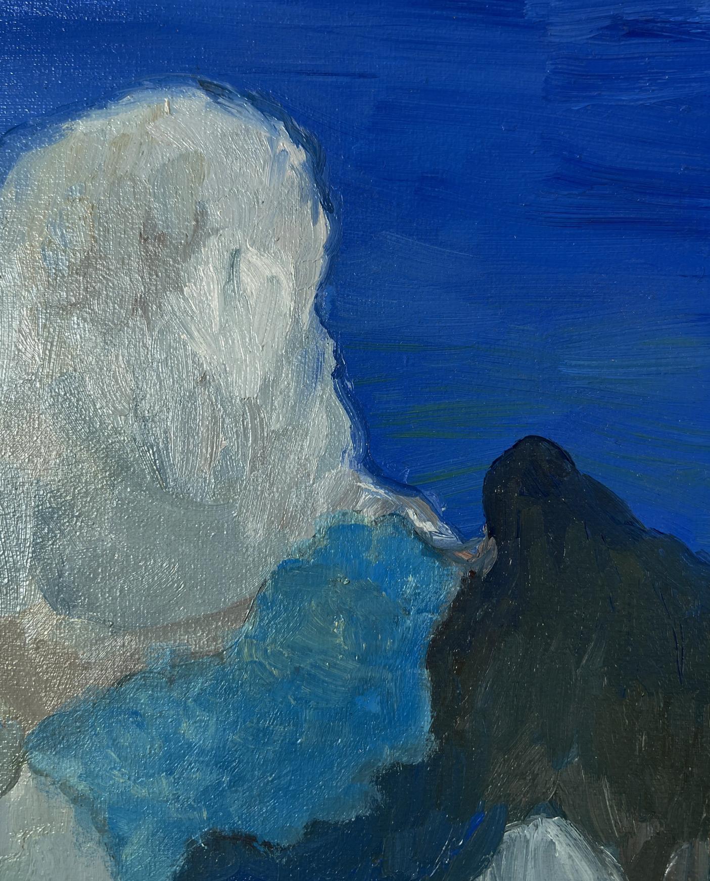 Oil painting Journey to the Mountains textured white gray rock formation on deep blue background