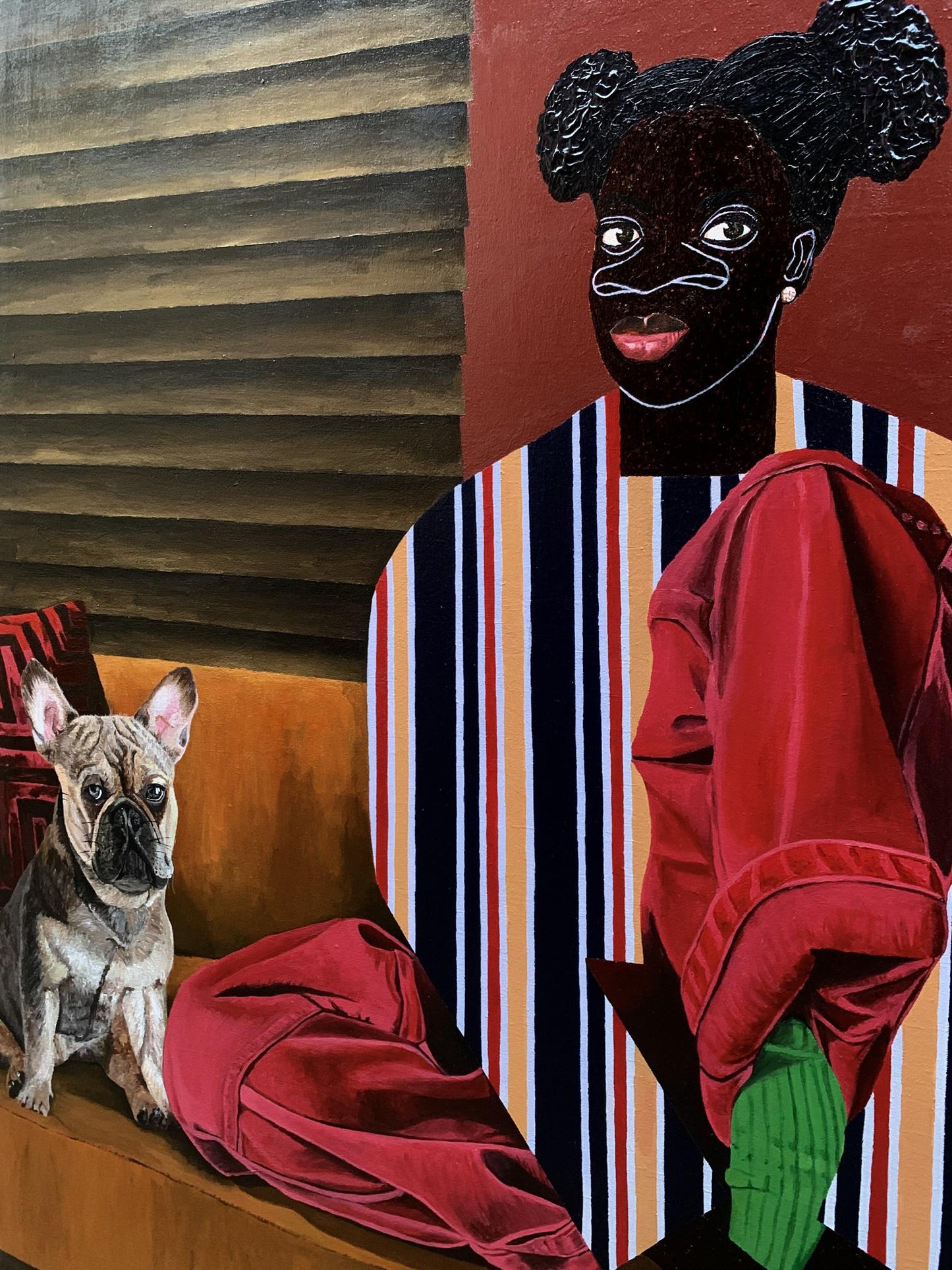 Vibrant acrylic painting Solemn dialogue by Akintomide Akinshola, woman with black buns