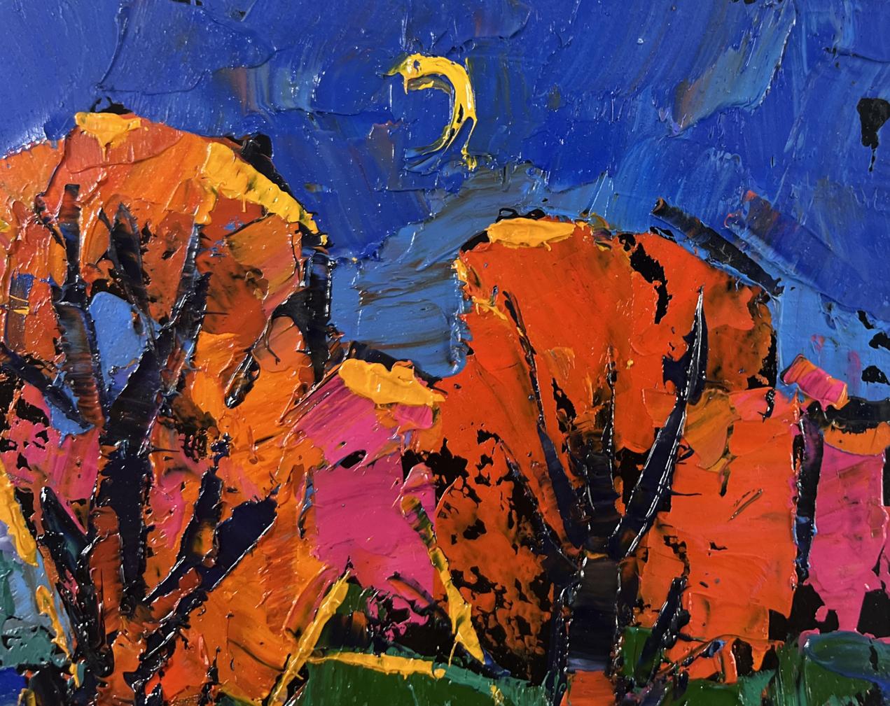 Oil painting When evening falls over the land by Oksana Ivanyuk: vibrant orange pink abstract flowers