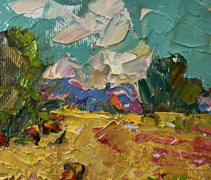 Oil painting Man in Nature by Oleksiy Ivanyuk with teal sky and foliage