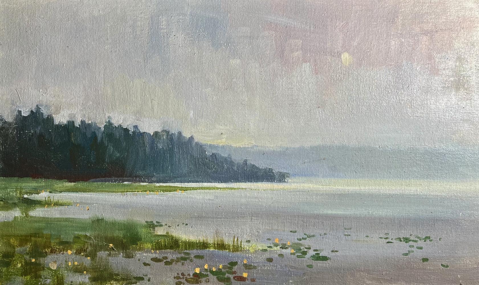Oil painting Tranquility by the River by Tatyana Derdey, tranquil lake scene