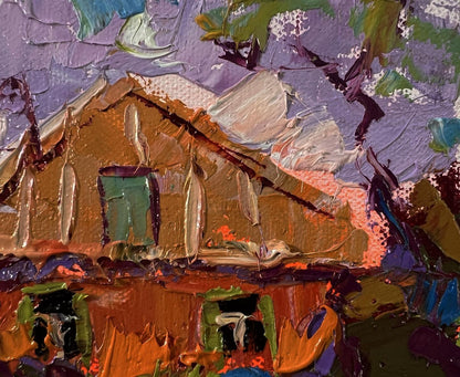 Oil painting Sunset behind the clouds by Oleksiy Ivanyuk, rustic house purple sky