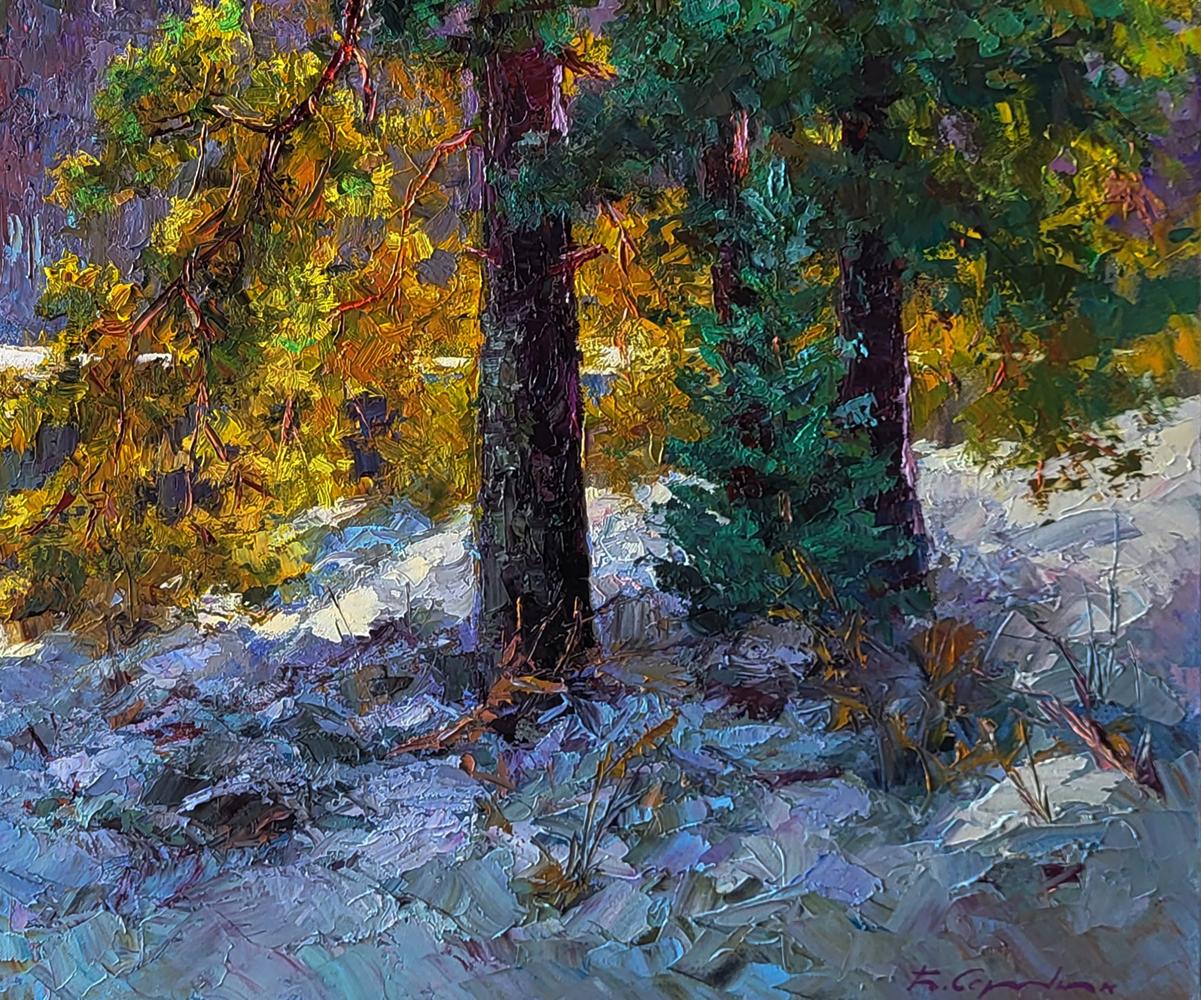 Oil painting It snowed in the mountains Boris Serdyuk textured forest scene