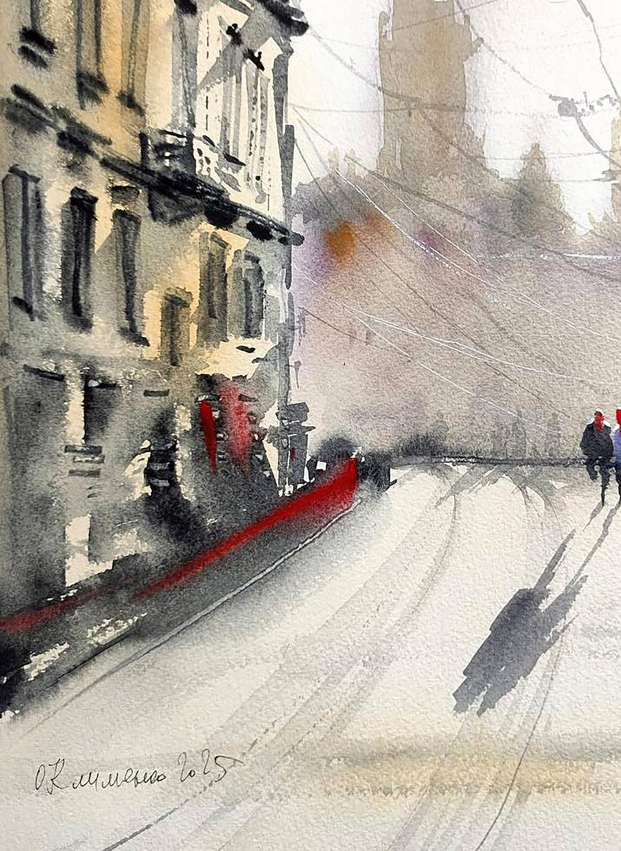 Watercolor painting Winter Morning in the City Olena Klimenko