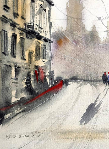 Watercolor painting Winter Morning in the City Olena Klimenko