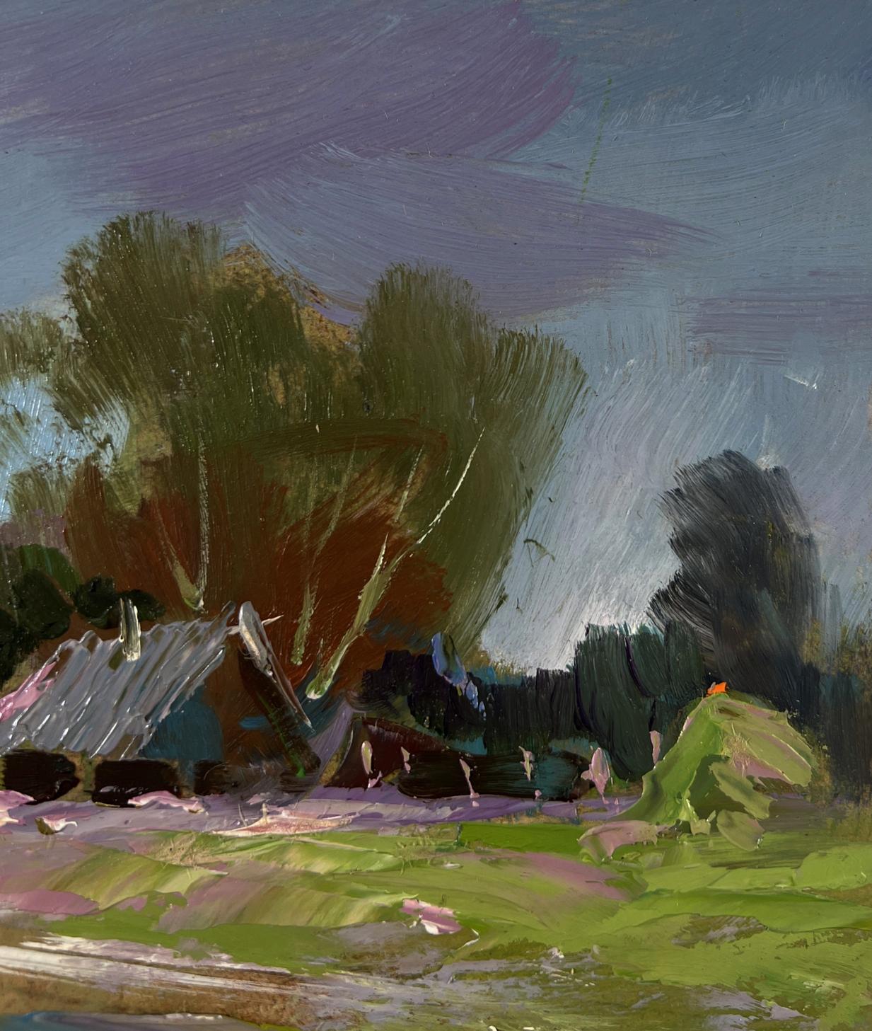 Textured impressionist oil painting by Yuriy Suprunchuk of rustic village under purple cloudy sky