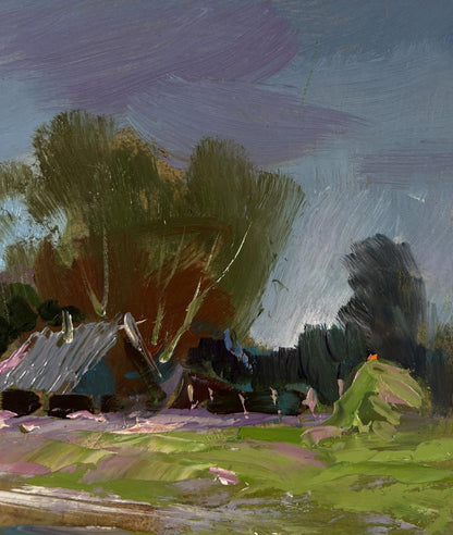Textured impressionist oil painting by Yuriy Suprunchuk of rustic village under purple cloudy sky