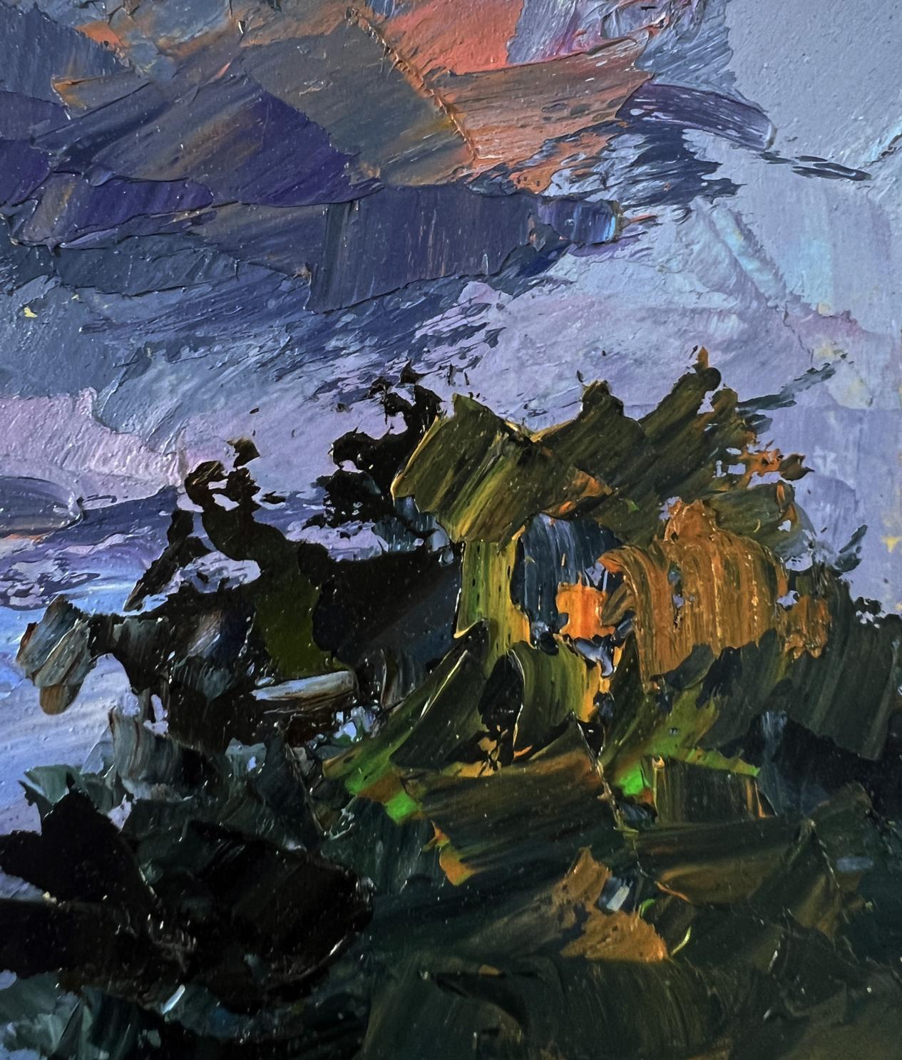 Textured impasto oil painting of river near field by Boris Serdyuk