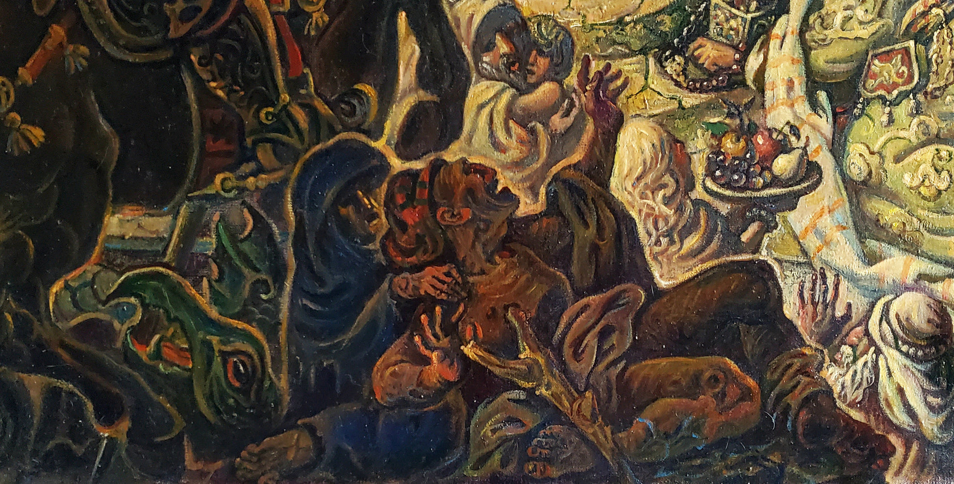 Oil painting Adoration of the Magi by Daniil Litvinov, chaotic turmoil scene