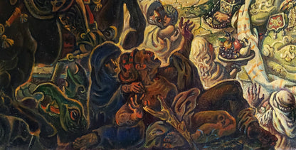 Oil painting Adoration of the Magi by Daniil Litvinov, chaotic turmoil scene