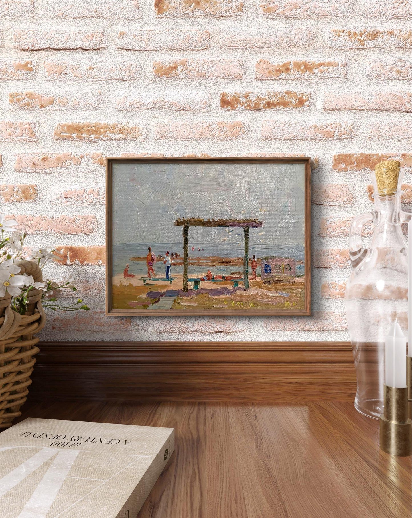 Oil painting Near the river by Yury Konovalov in rustic brown frame