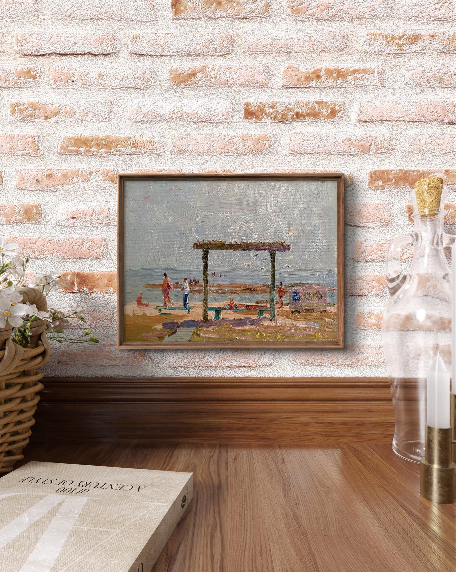 Oil painting Near the river by Yury Konovalov in rustic brown frame