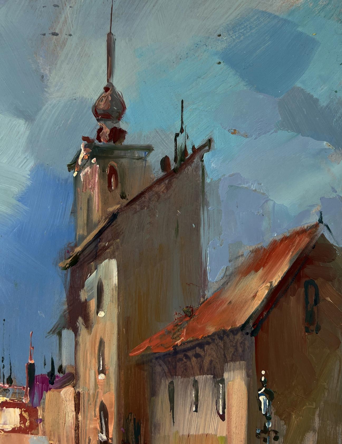 Oil painting of tall stone tower by river, Yuriy Suprunchuk