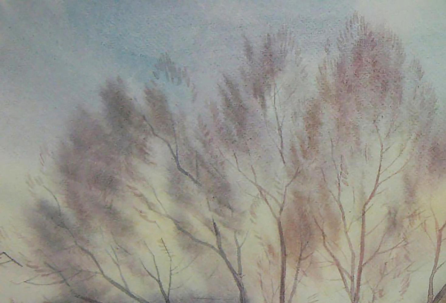 Watercolor painting of winter morning bare trees by Valery Savenets