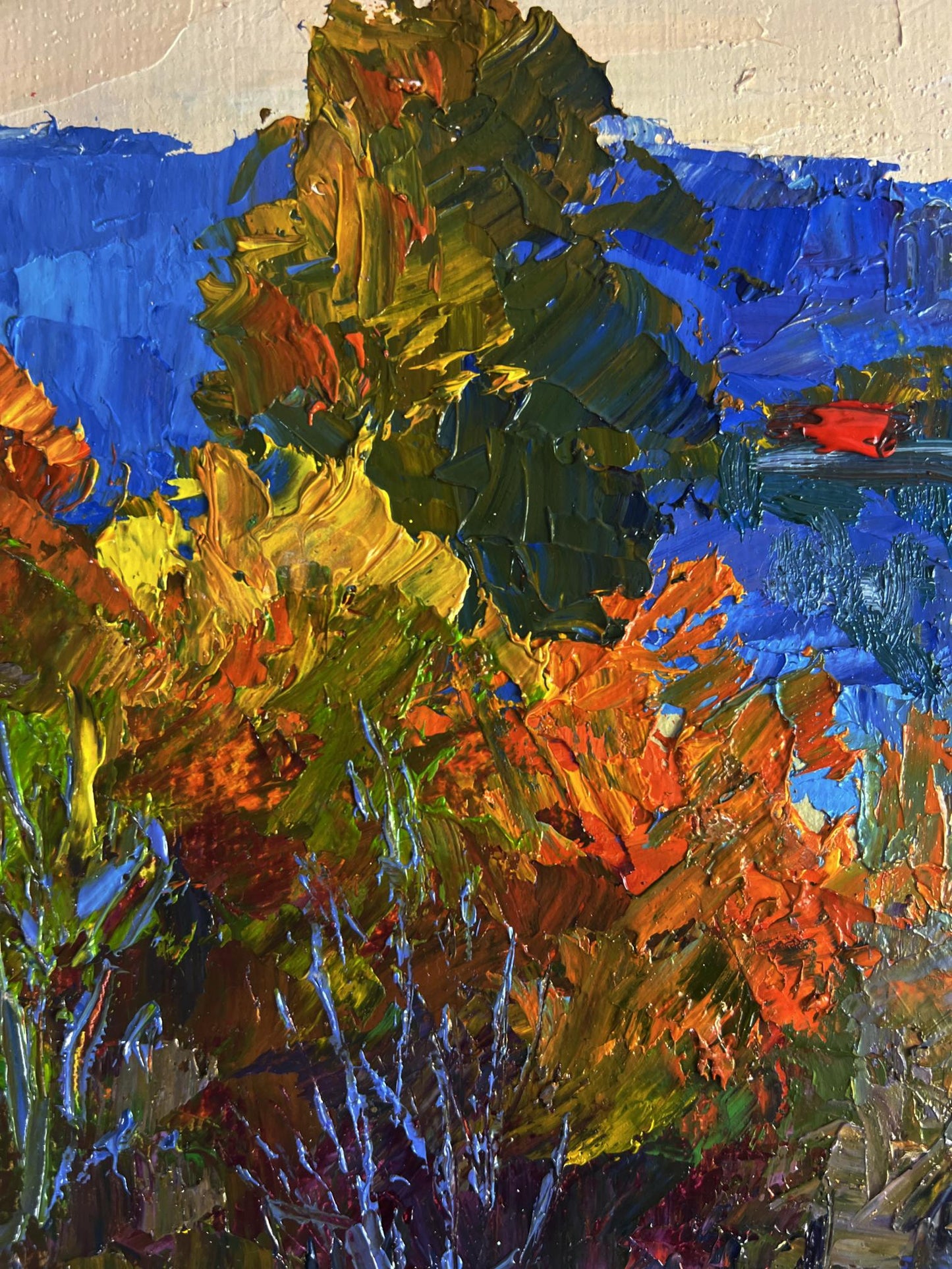 Vibrant impressionist oil painting View from the autumn forest by Boris Serdyuk