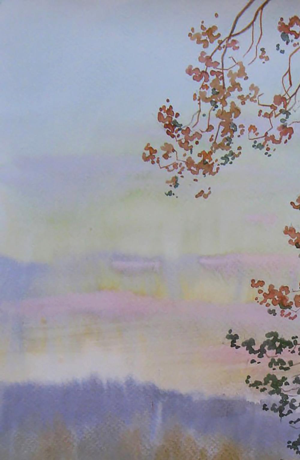 Watercolor evening forest painting by Valery Savenets with pink orange blossoms