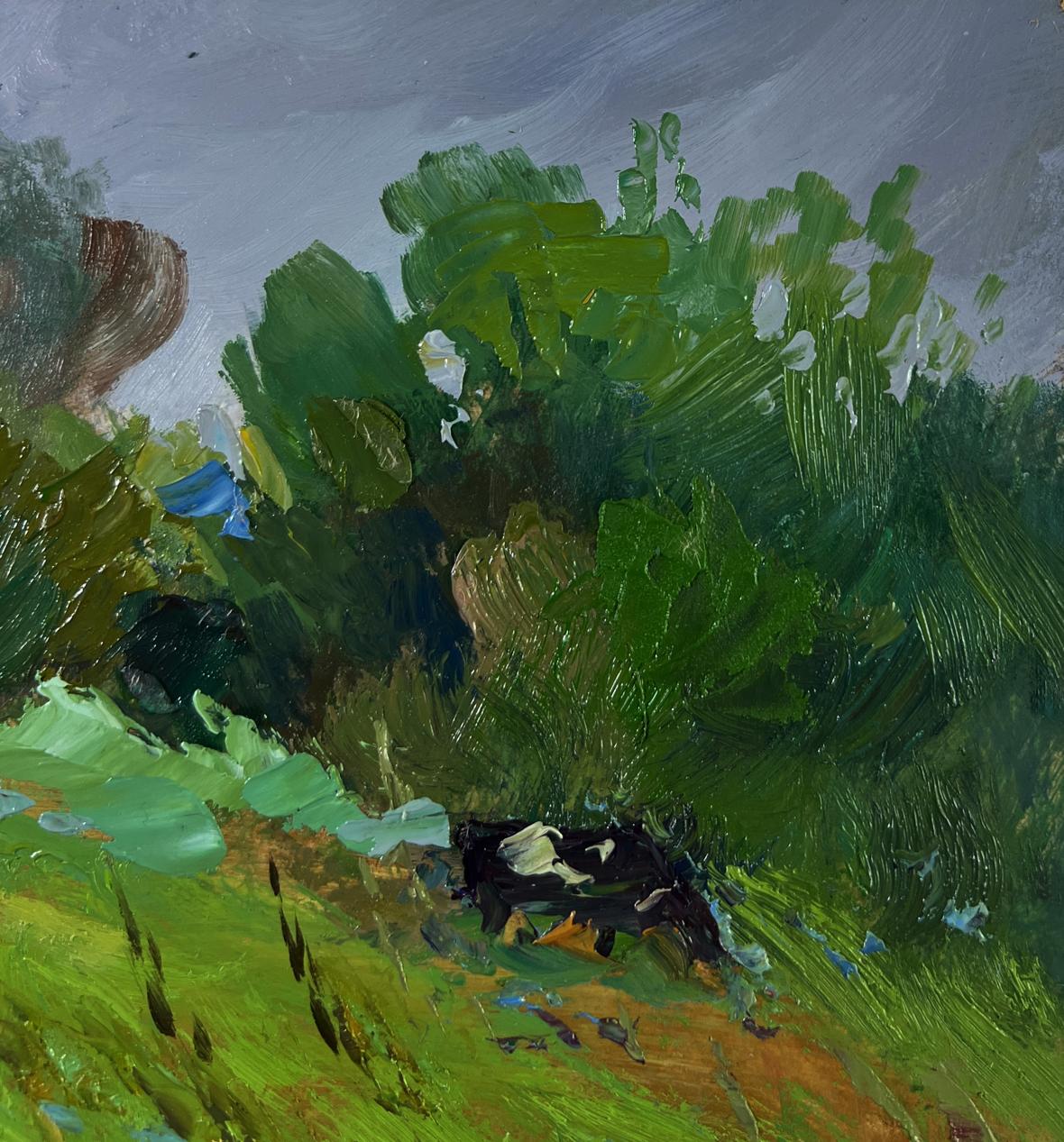 Oil painting by Yuriy Suprunchuk: black and white cow in vibrant green flower field
