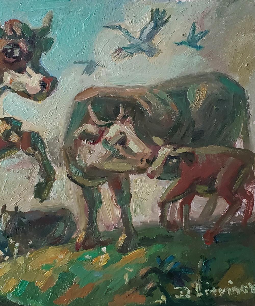 Oil painting of cows on a country summer day by Daniil Litvinov