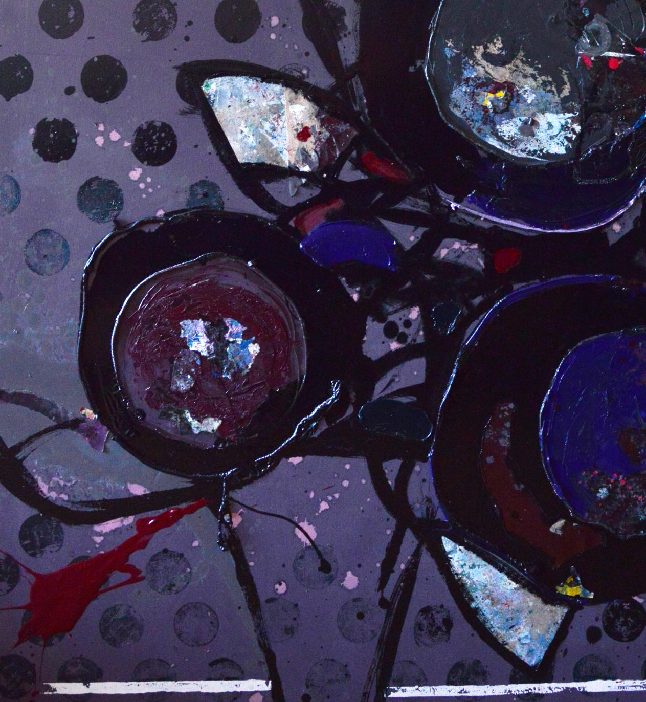 Oil painting Evening Still Life by Natalia Korf-Ivaniuk with bold black purple blue circles