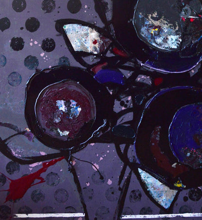Oil painting Evening Still Life by Natalia Korf-Ivaniuk with bold black purple blue circles