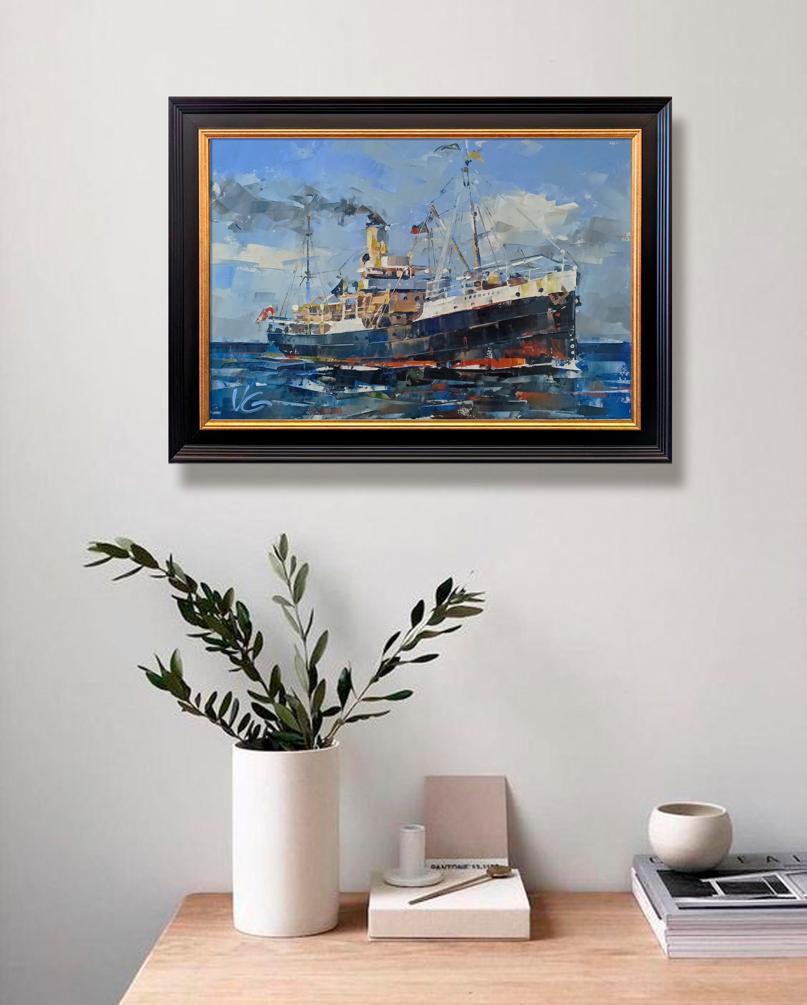 Framed oil painting of Steamship John Oxley by Volodymyr Gluhomanyuk