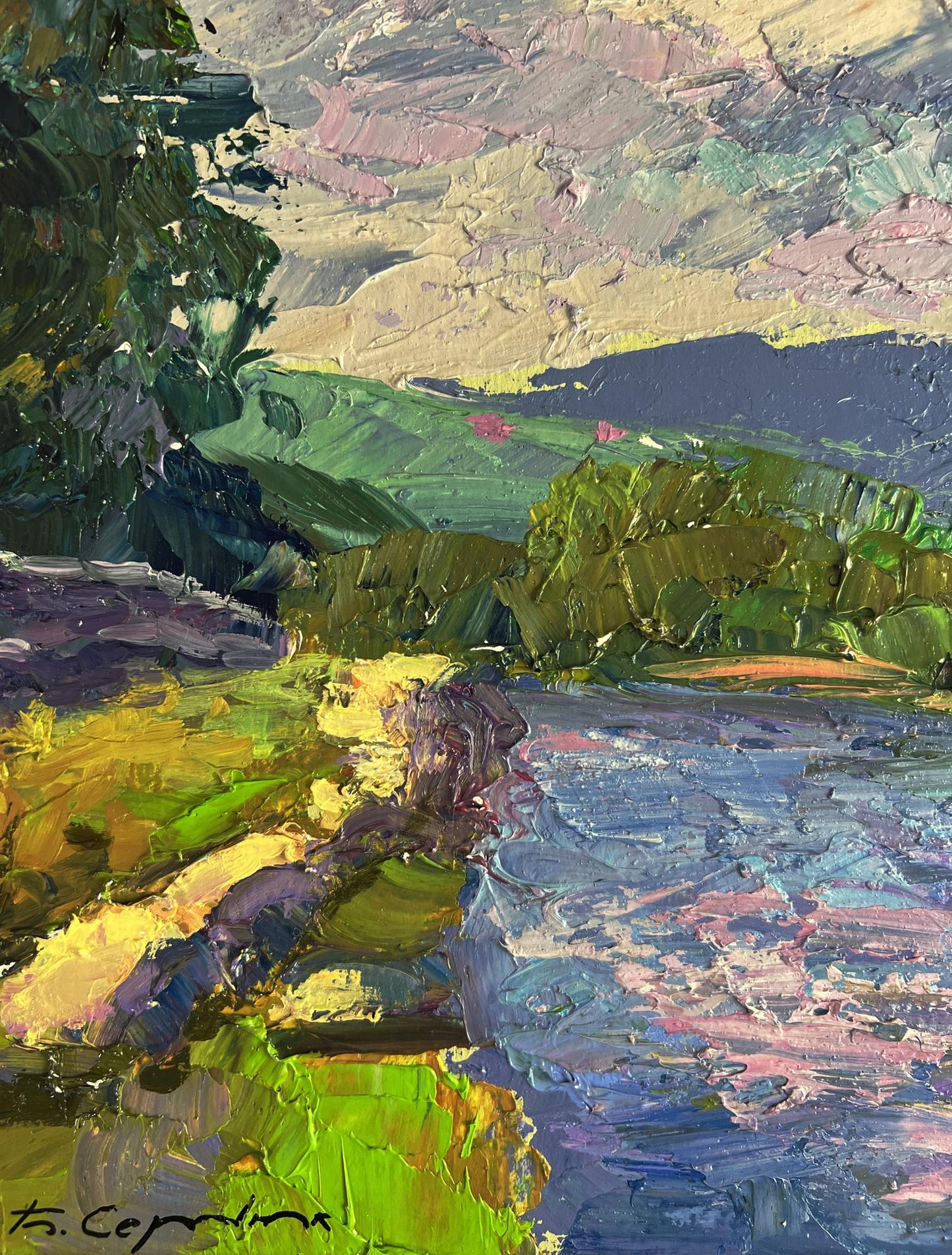 Impasto oil painting of mountain river by Boris Serdyuk in vibrant greens and blues