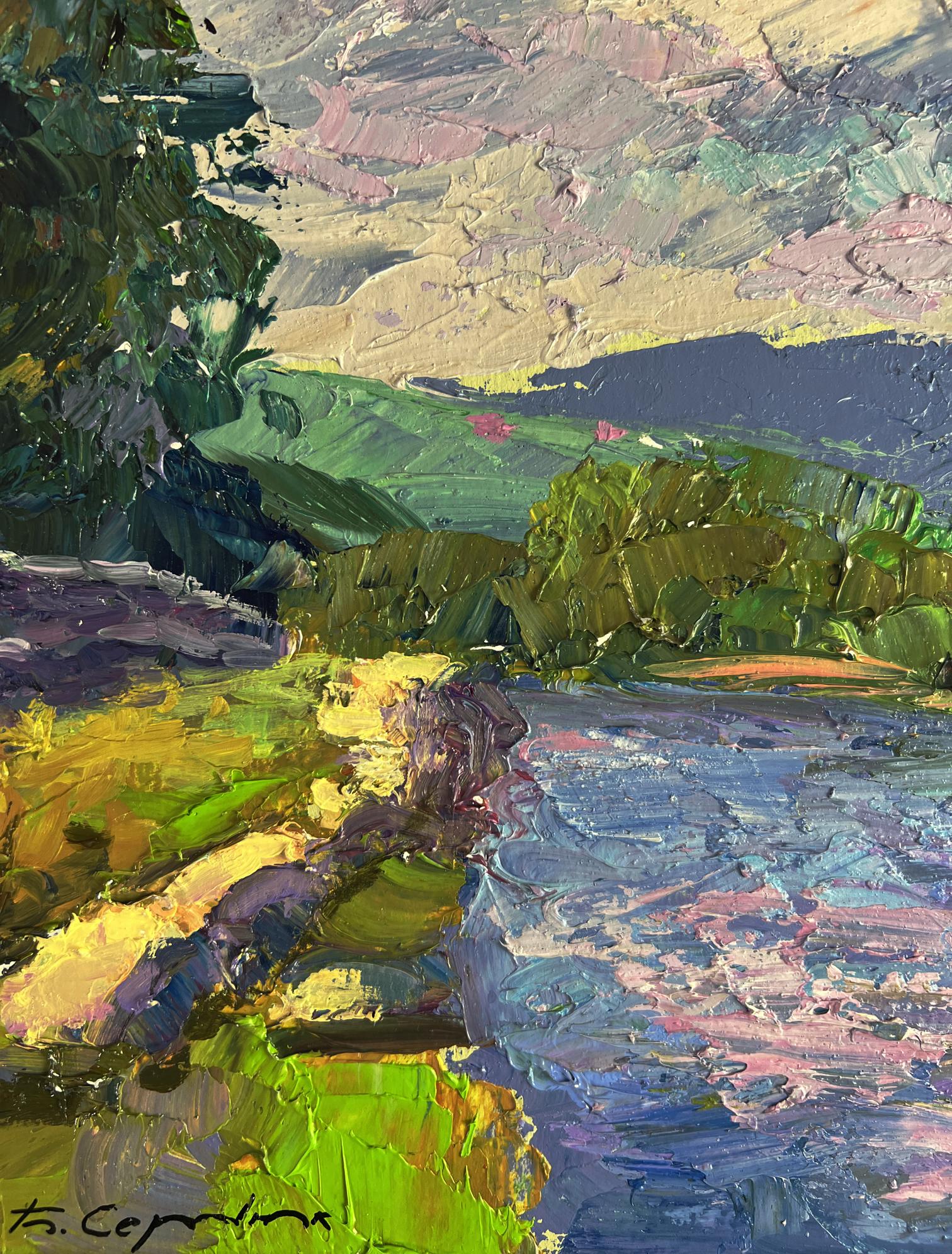 Impasto oil painting of mountain river by Boris Serdyuk in vibrant greens and blues