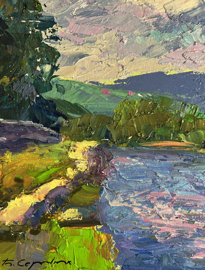 Impasto oil painting of mountain river by Boris Serdyuk in vibrant greens and blues