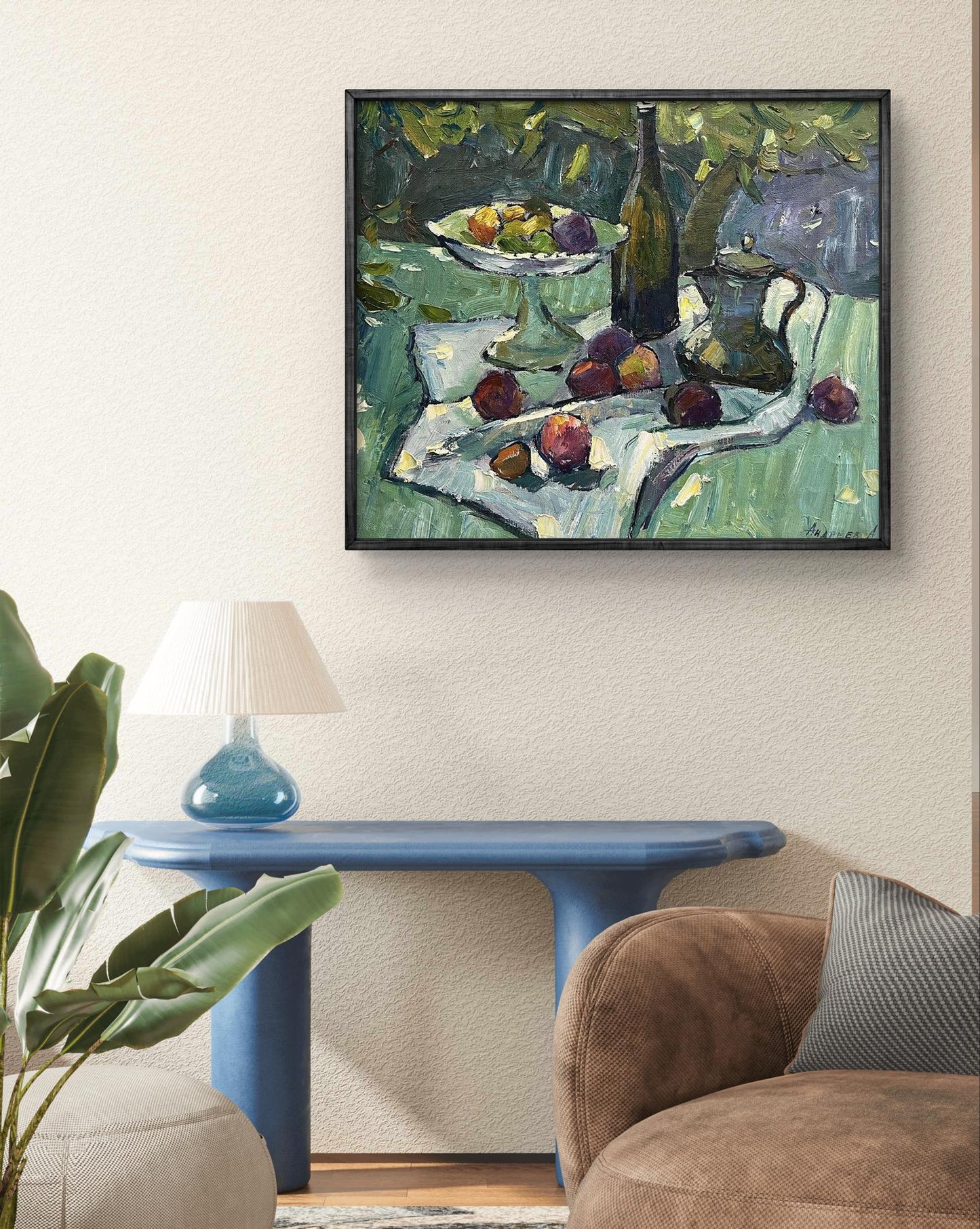 Oil painting by Oleksandr Andreev: still life with green purple fruits