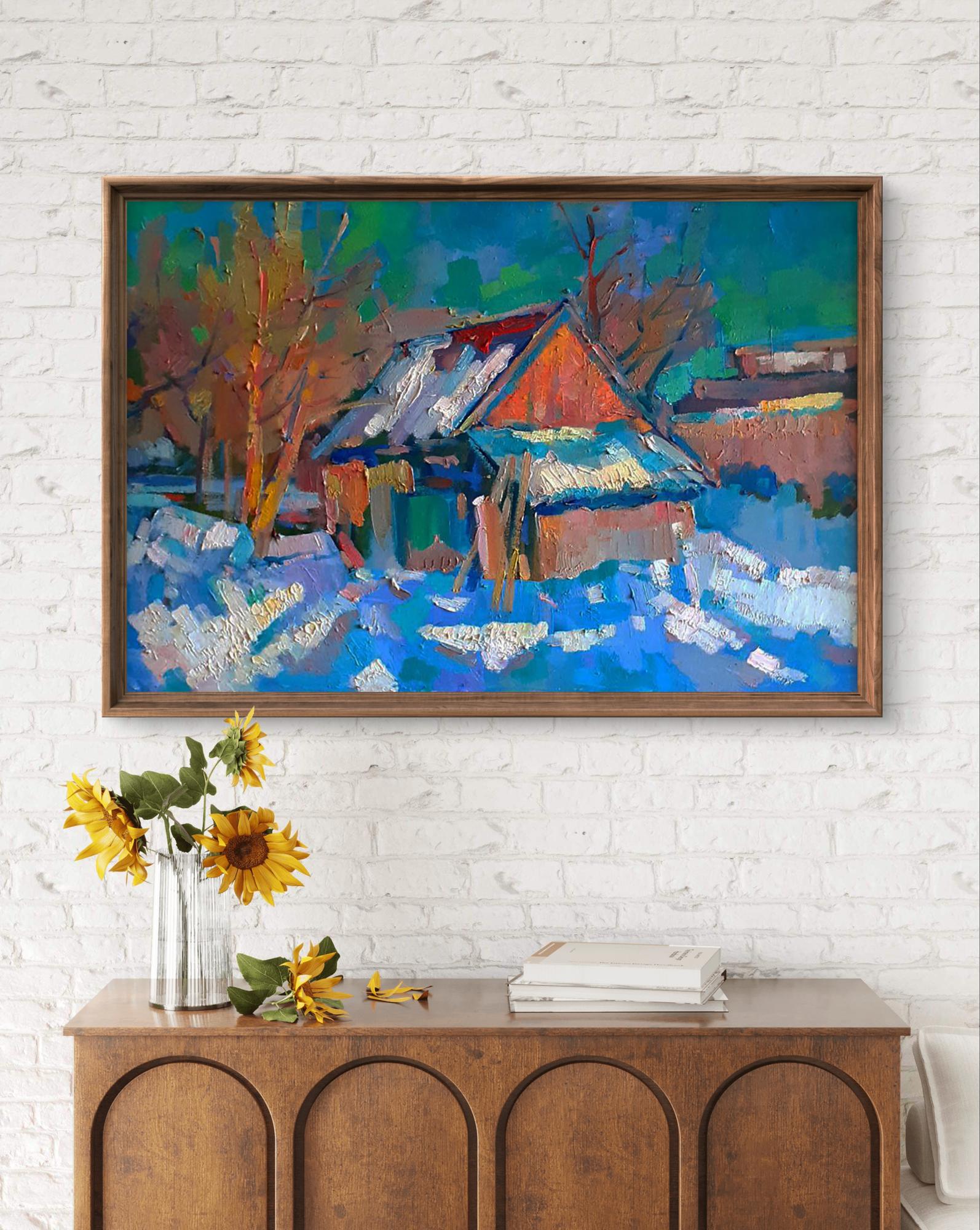 Framed impressionist oil painting Winter snowy morning by Peter Dobrev