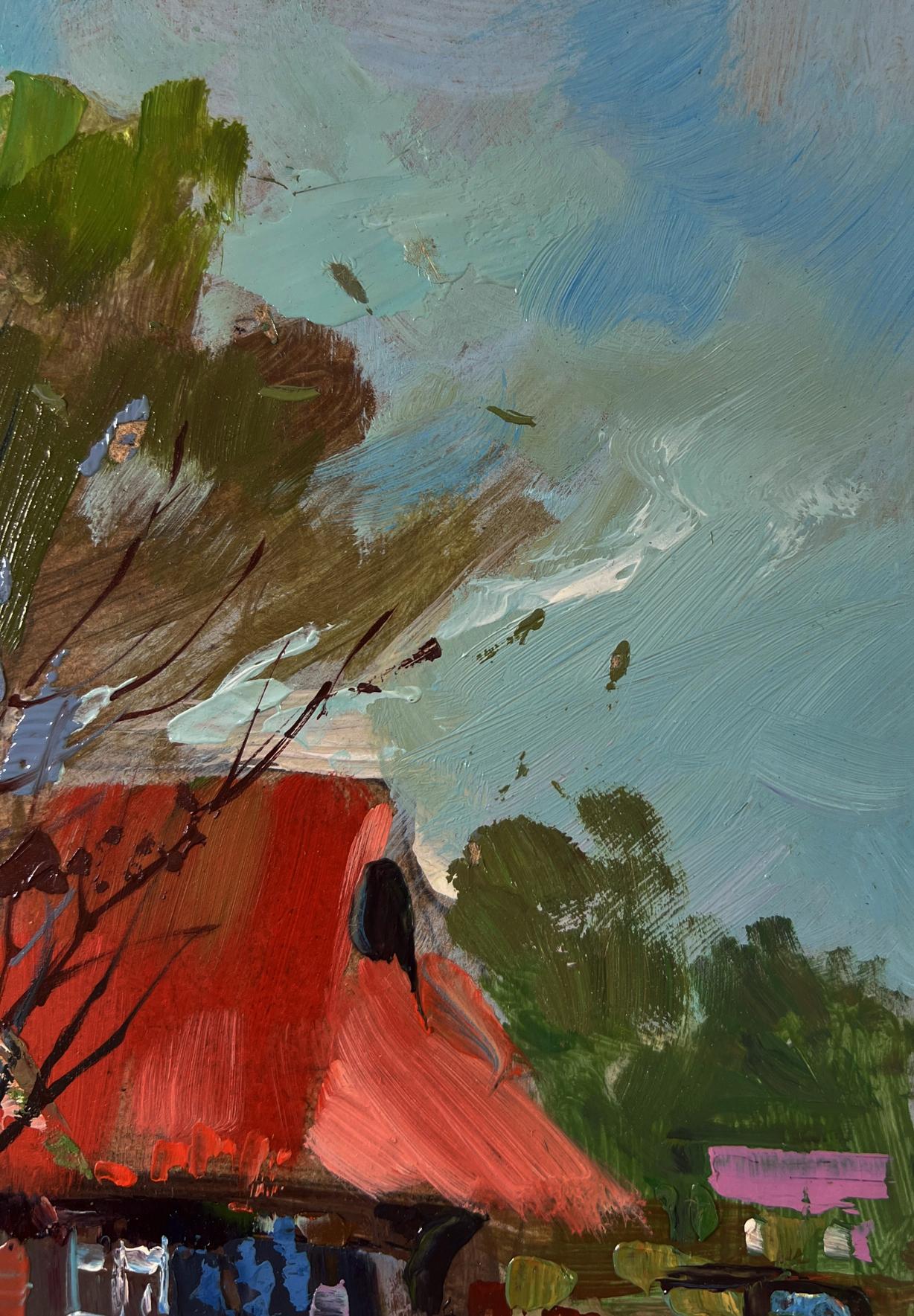 Oil painting Geese in the village by Yuriy Suprunchuk with red roof