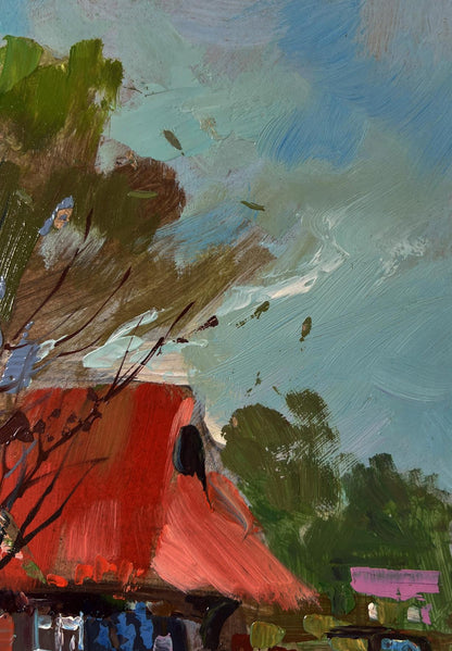 Oil painting Geese in the village by Yuriy Suprunchuk with red roof