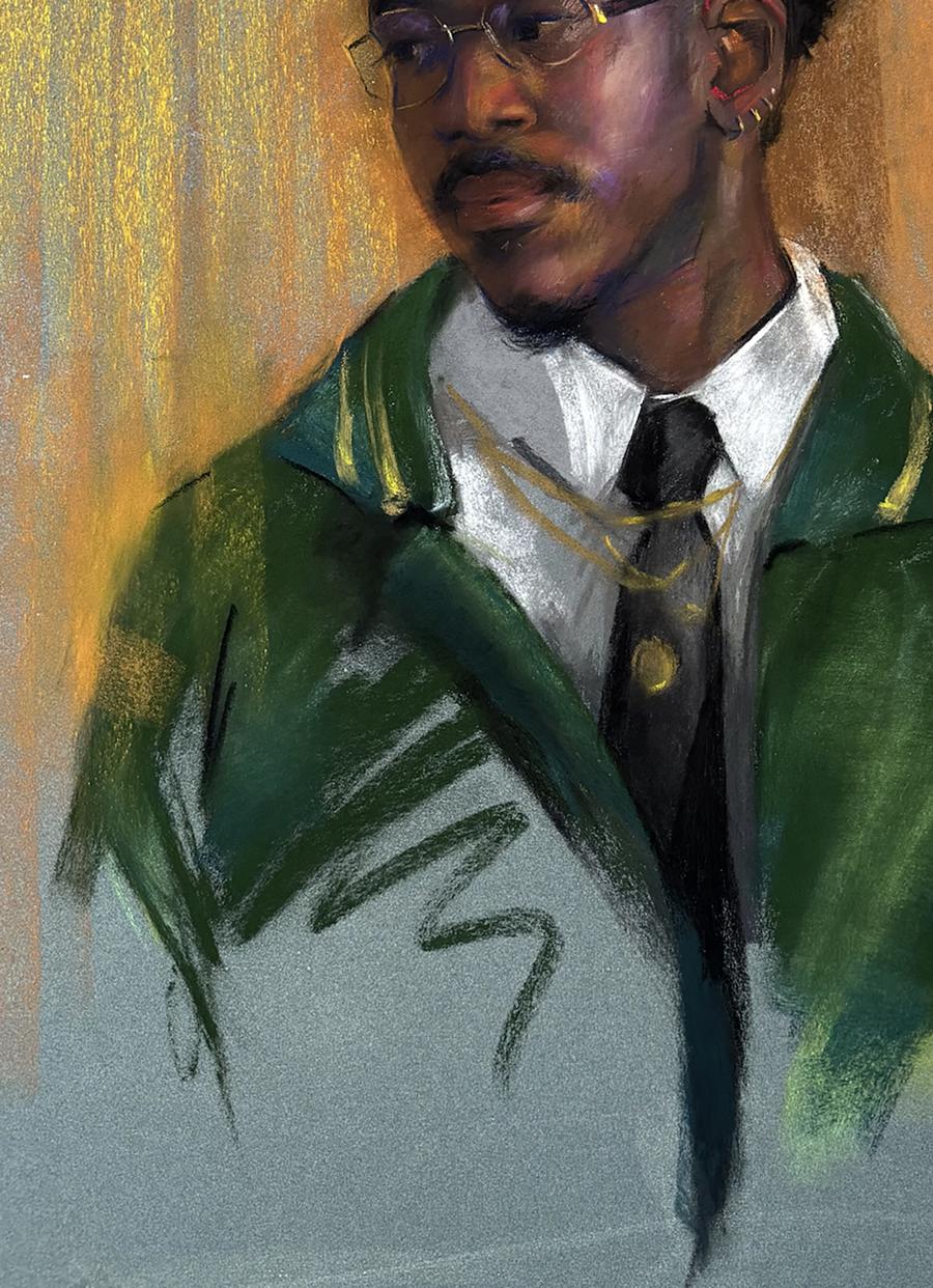 Textured green jacket with gold trim over white collared shirt Karl in suit by Annam Butt