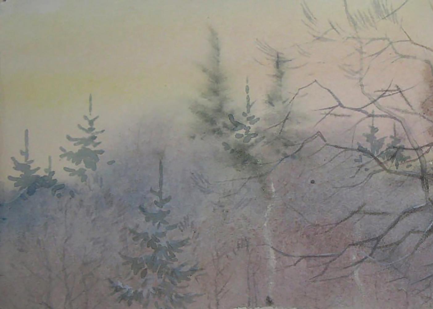 Watercolor painting of winter village with evergreen trees by Valery Savenets
