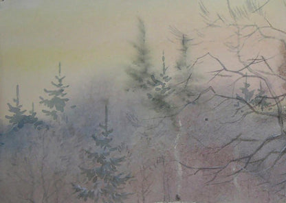 Watercolor painting of winter village with evergreen trees by Valery Savenets