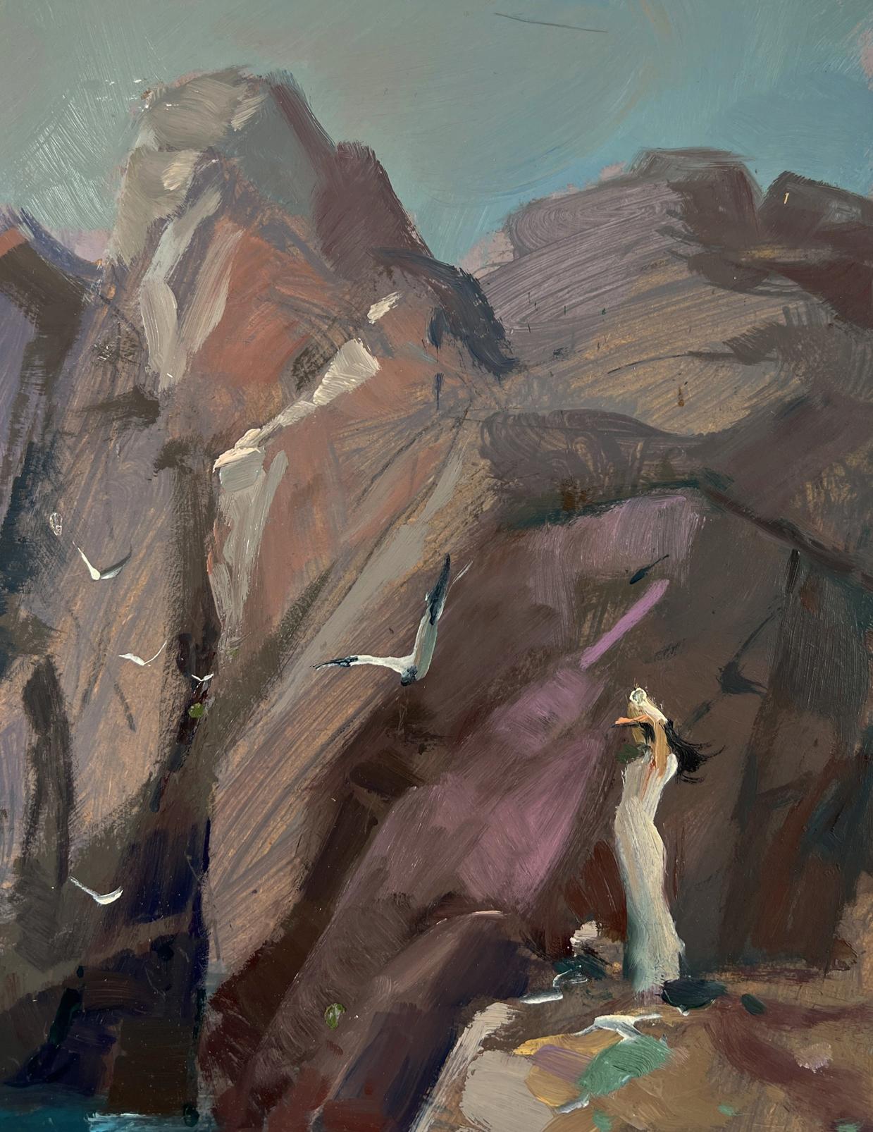 Slender figure in white gown amid coastal rock formations by Yuriy Suprunchuk oil painting