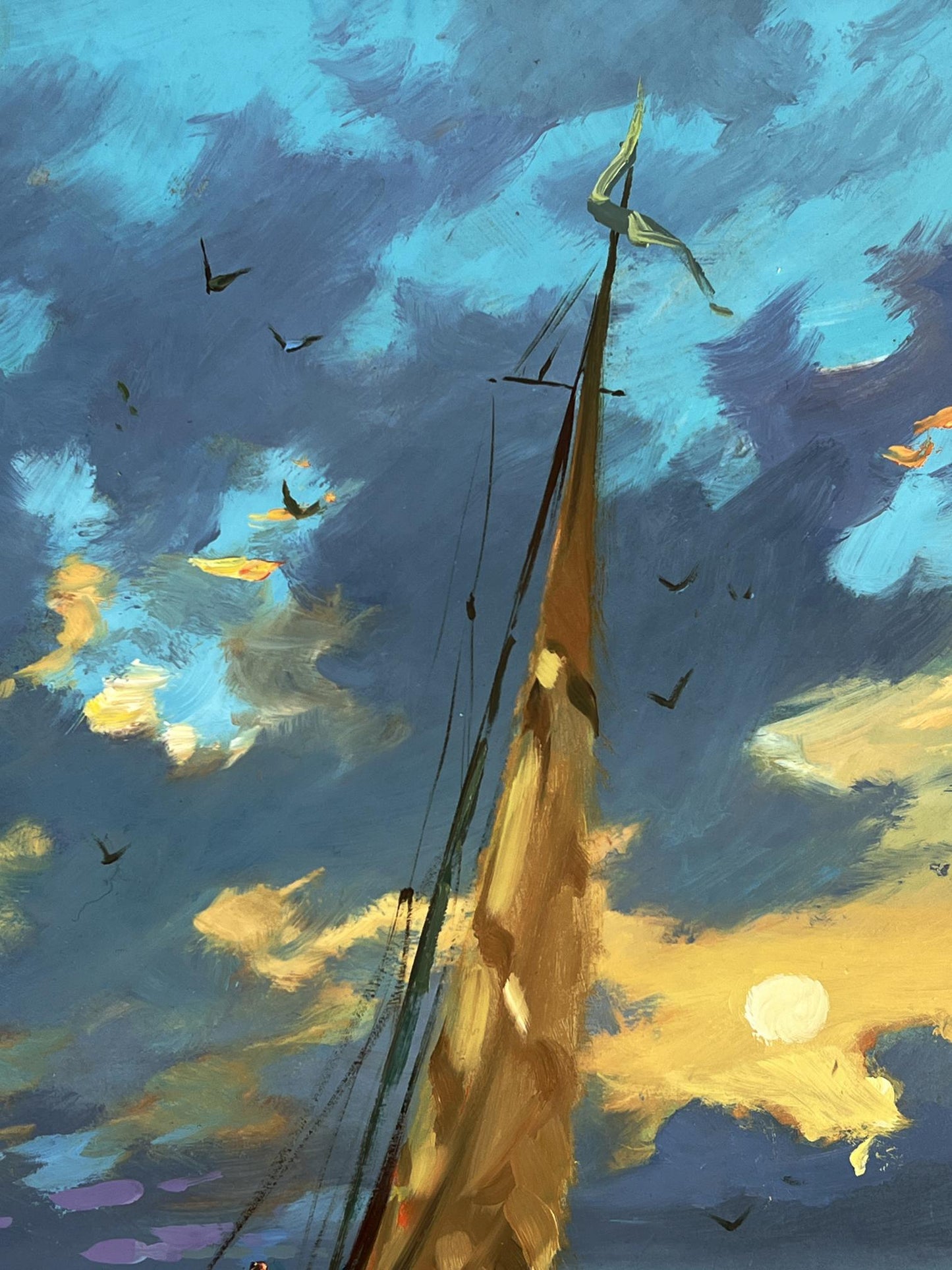Oil painting of sailboat mast at sunset by Yuriy Suprunchuk