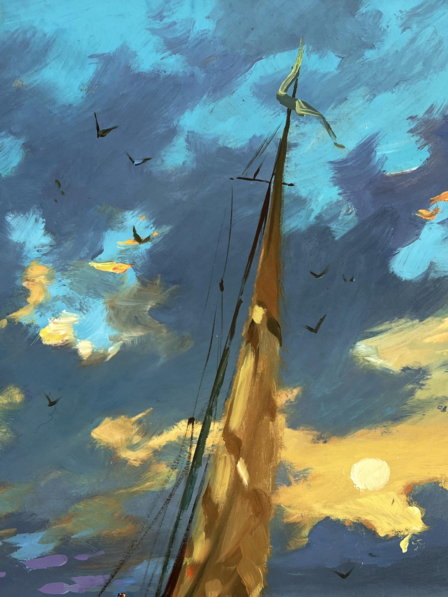Oil painting of sailboat mast at sunset by Yuriy Suprunchuk